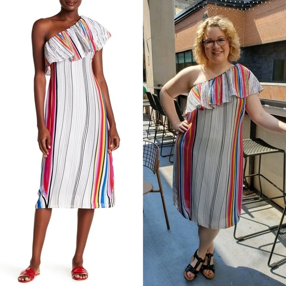 RACHEL ROY Rainbow Stripe Asymmetric Ruffle‎ 1 Shoulder Sleeveless Midi Dress 3X - Picture 4 of 6